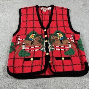 Cardigan Bay Sweater Vest Womens XL Red Black Equestrian Horse Knit Button Front